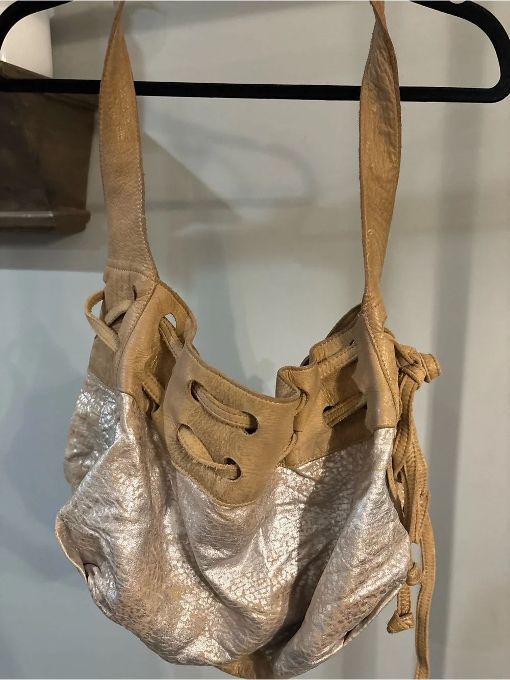Foley + Corinna Beige Tan Leather Shoulder Bag with Textured Shine